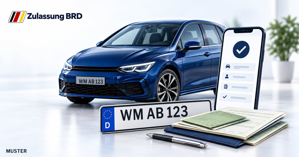 Online Fahrzeugzulassung in Weilheim: Musterkennzeichen WM AB 123, Auto und Fahrzeugpapiere und Smartphone. Illustration mit Logo von Zulassung BRD.